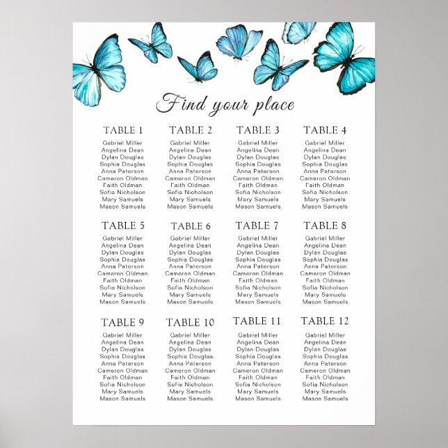 Blue watercolor butterflies Wedding  Seating Chart (Front)