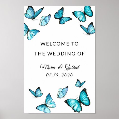 Blue watercolor butterflies Wedding Sign Poster