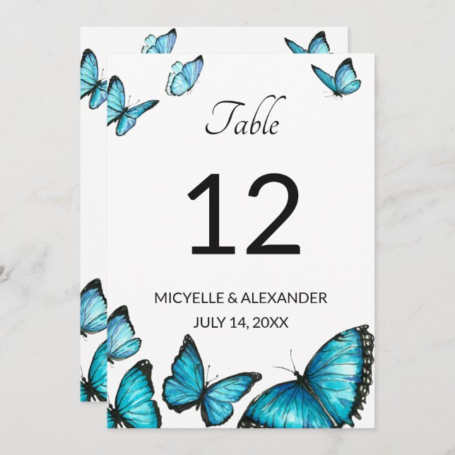 Blue watercolor butterflies Wedding Table Number (Front/Back)