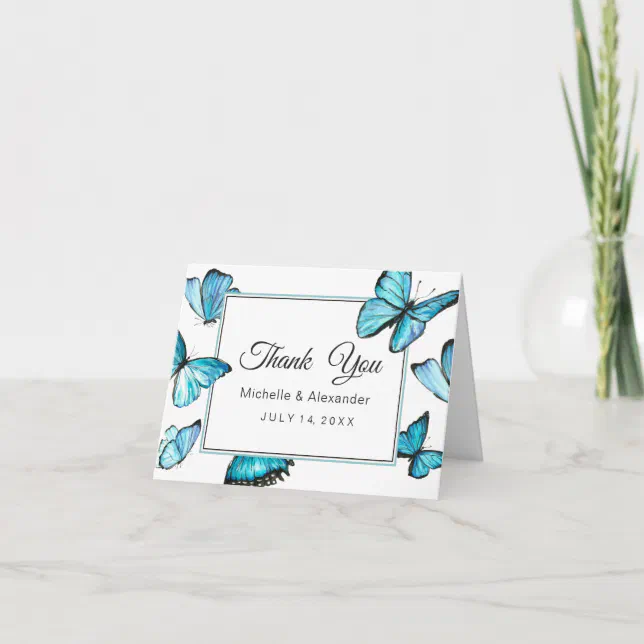 Blue watercolor butterflies wedding thank you invitation | Zazzle