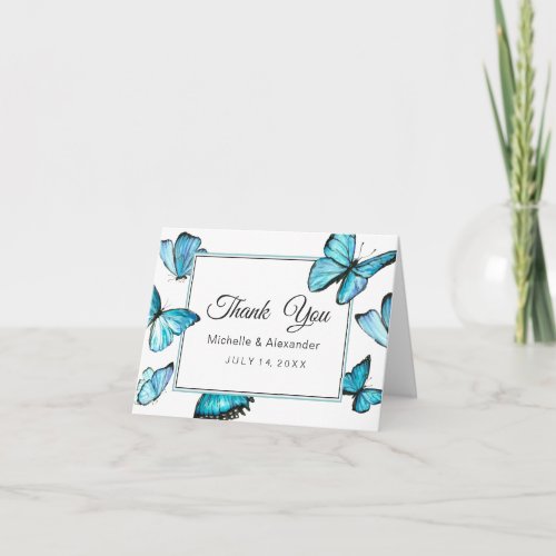 Blue watercolor butterflies wedding thank you invitation