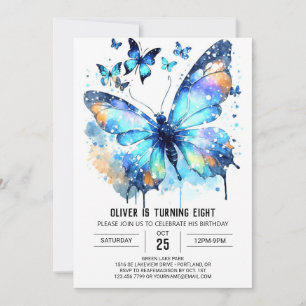 Blue Watercolor Butterfly Boy Birthday Invitation