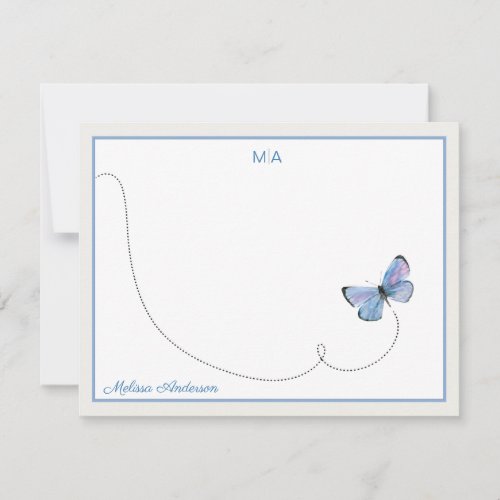 Blue Watercolor Butterfly in Flight Monogram Name Note Card