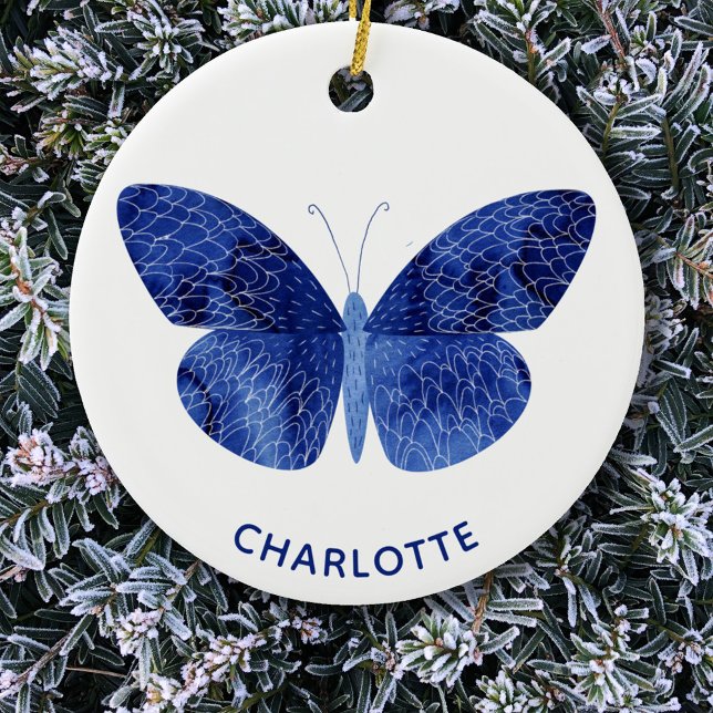 Blue Watercolor Butterfly Personalized Ceramic Ornament (Blue watercolor butterfly personalized name Christmas ornament)