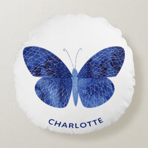 Blue Watercolor Butterfly Personalized Round Pillow