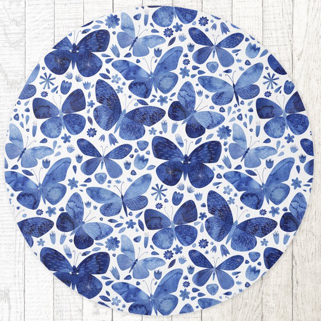 Blue Watercolor Butterfly Rug (Navy or indigo blue and white butterfly pattern indoor or outdoor rug)