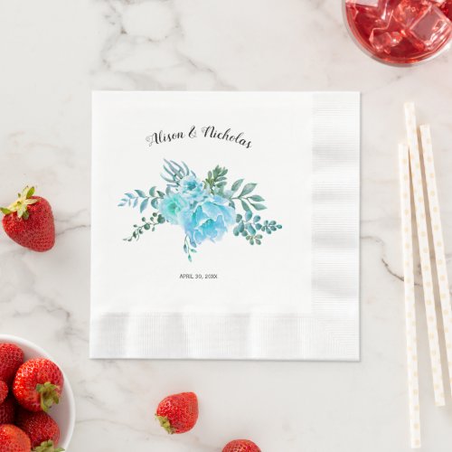 Blue watercolor cactus flowers floral wedding napkins