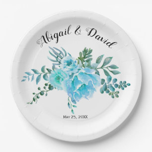 Blue watercolor cactus flowers, succulent wedding paper plates