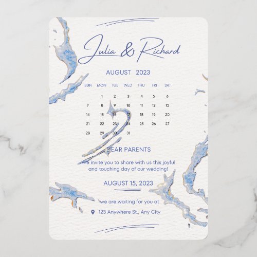 Blue Watercolor Calendar Foil Wedding Invitation