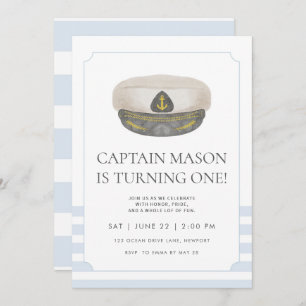 Blue watercolor Captain’s Hat First Birthday Invitation