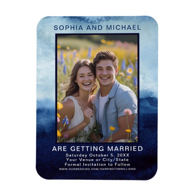 Blue Watercolor Casual Wedding Save the Date Bold Magnet (Vertical)