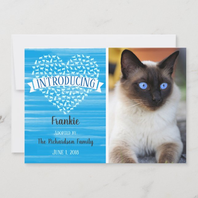 Blue Watercolor Cat Heart Pet Photo Announcement (Front)