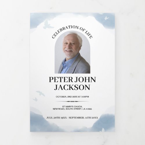 Blue Watercolor Celebration of Life Photo Obituary Tri_Fold Invitation