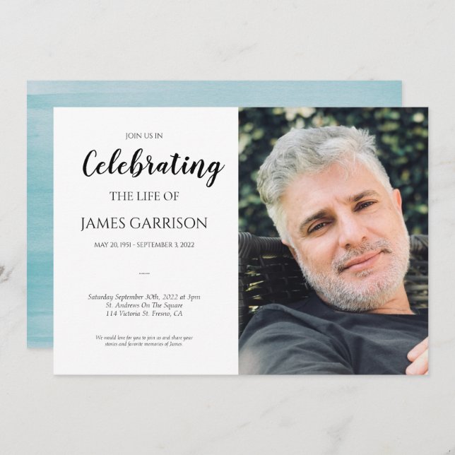 Blue Watercolor Celebration of Life With Photo Invitation (Front/Back)