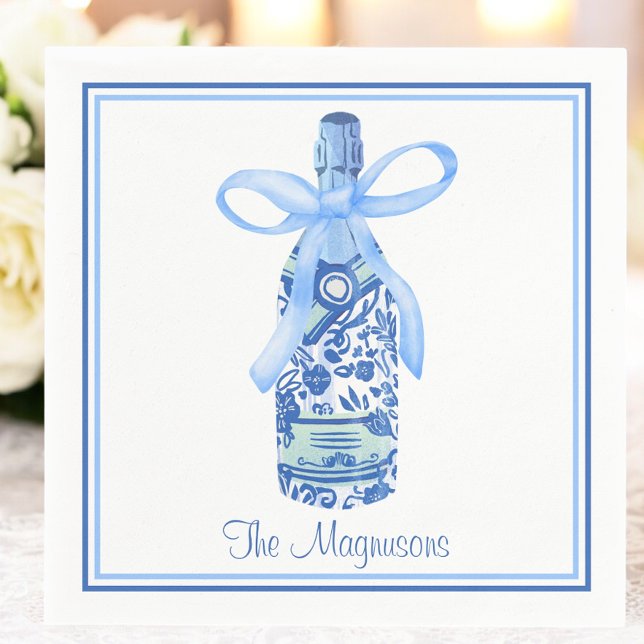 Blue Watercolor Champagne Bottle Coquette Custom Napkins (Creator Uploaded)