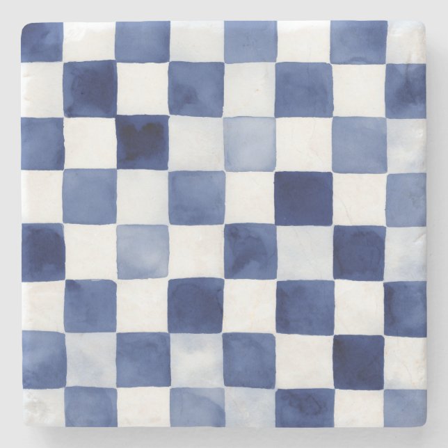Blue Watercolor Checkered Decorative Stone Coaster (Front)