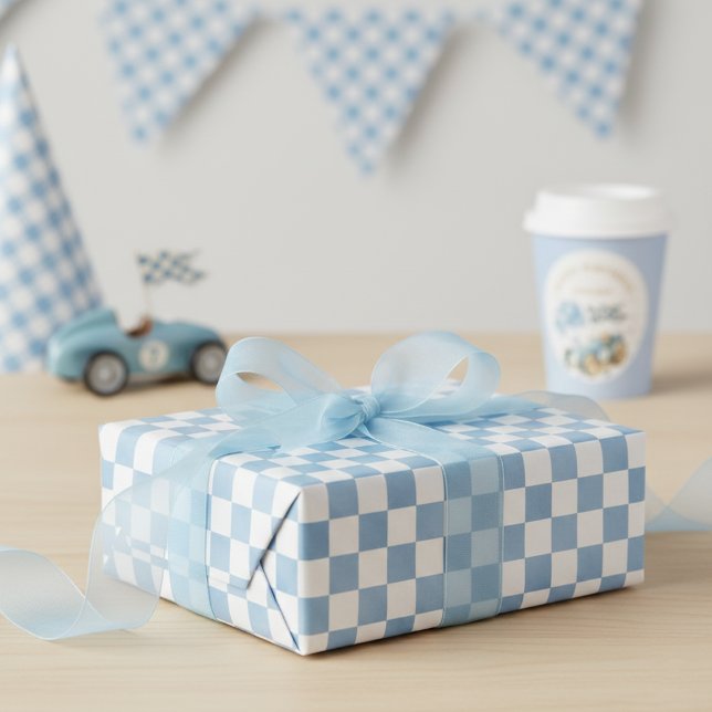 Blue Watercolor Checkered Racing Flag Wrapping Paper (Creator Uploaded)