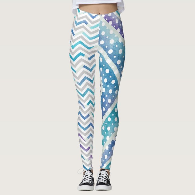 Blue watercolor chevron, polka dot leggings (Front)