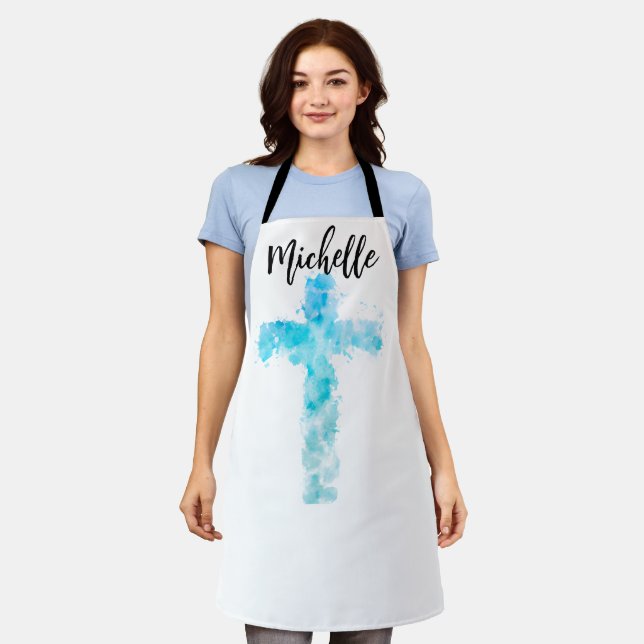 Blue Watercolor Christian Cross Apron (Worn)