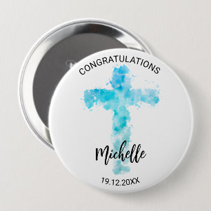 Blue Watercolor Christian Cross Baptism Button