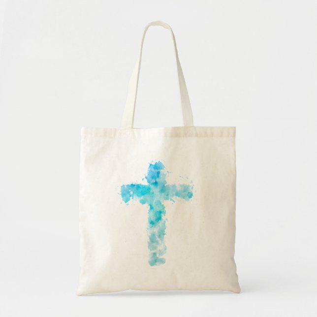 Blue Watercolor Christian Cross Baptism Tote Bag (Front)