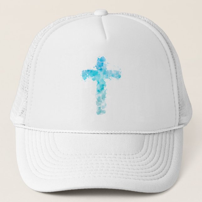 Blue Watercolor Christian Cross Baptism Trucker Hat (Front)