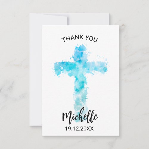 Blue Watercolor Christian Cross Christening Thank You Card