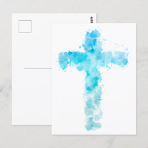 Blue Watercolor Christian Cross Postcard
