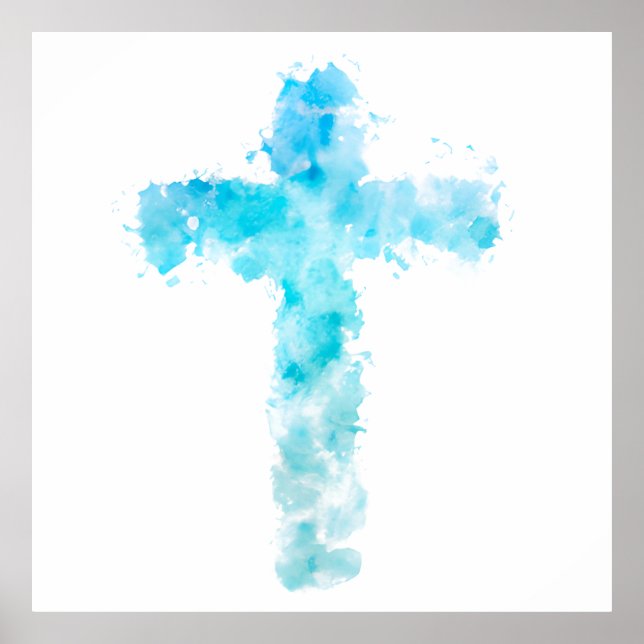 Blue Watercolor Christian Cross Poster (Front)