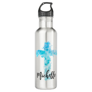 Blue Watercolor Christian Cross  Stainless Steel Water Bottle