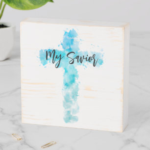 Blue Watercolor Christian Cross Wooden Box Sign