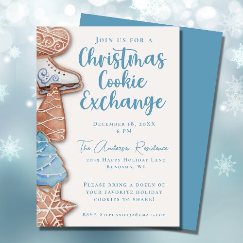 Blue Watercolor Christmas Cookie Exchange  Invitation