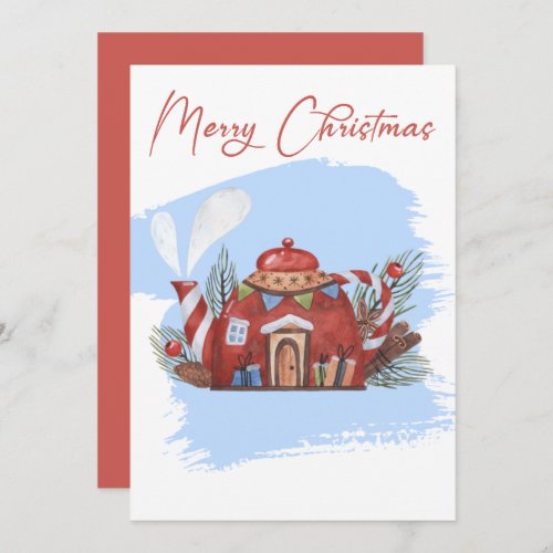 Blue Watercolor Christmas Teapot Holiday Card