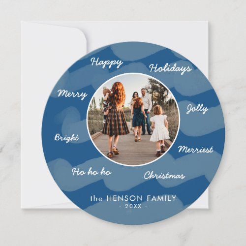 Blue Watercolor Christmas Wishes Family Photo Holiday Card