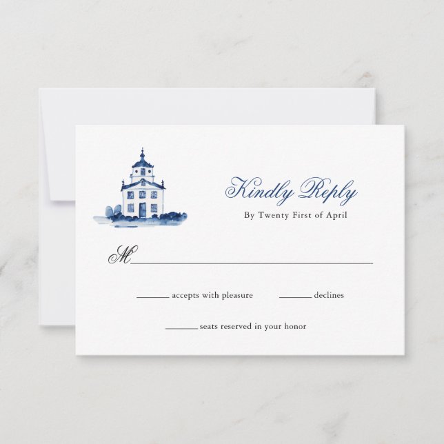 Blue Watercolor Church wedding RSVP Card (Front)