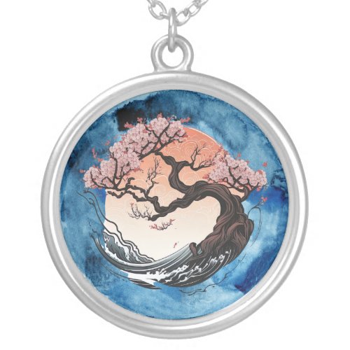 Blue Watercolor Circle Cherry Blossom Tree Ocean Silver Plated Necklace