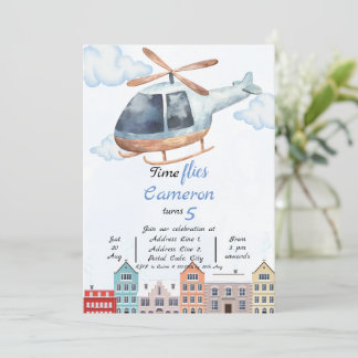 Blue watercolor city helicopter Birthday Invitation