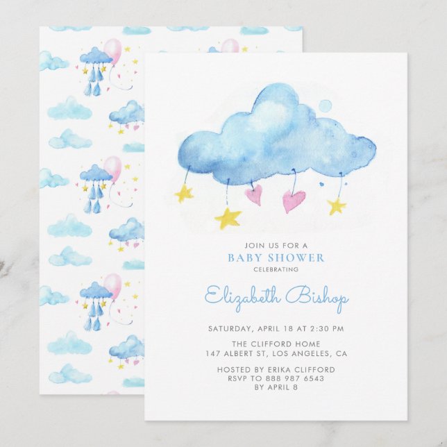 Blue Watercolor Cloud Gender Neutral Baby Shower Invitation (Front/Back)