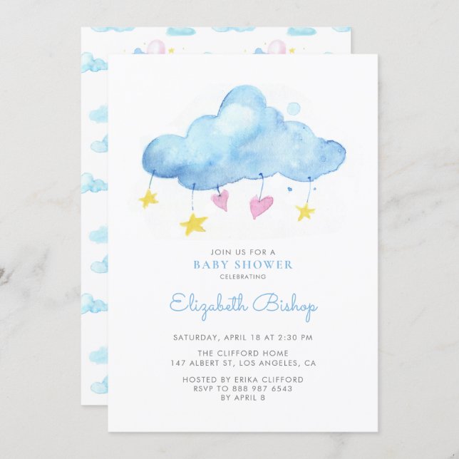 Blue Watercolor Cloud Gender Neutral Baby Shower Invitation (Front/Back)