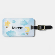 Blue Watercolor Cloud Star Moon Kids Luggage Tag