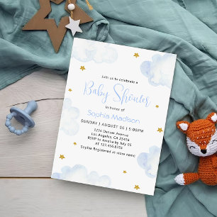 Blue Watercolor Clouds Baby Boy Shower Invitation