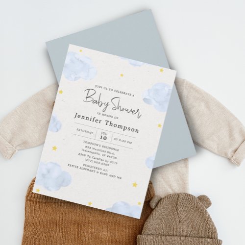 Blue Watercolor Clouds Boy Baby Shower Invitation