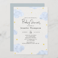 Blue Watercolor Clouds Boy Baby Shower Invitation