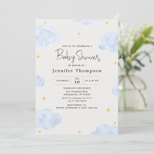 Blue Watercolor Clouds Boy Baby Shower Invitation | Zazzle