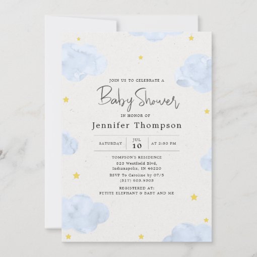 Blue Watercolor Clouds Boy Baby Shower Invitation | Zazzle