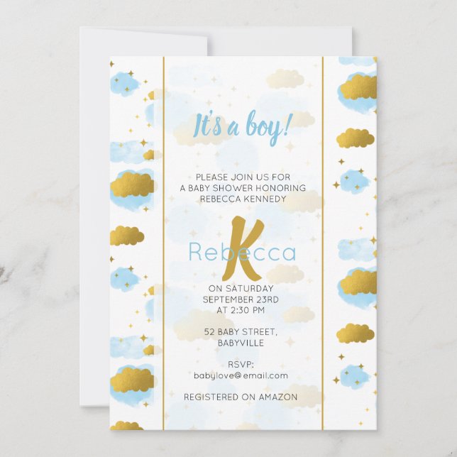 Blue Watercolor Clouds Gold Stars Sky Baby Shower Invitation (Front)
