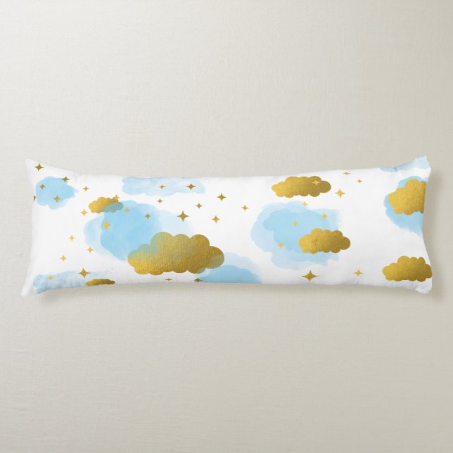 Blue Watercolor Clouds Gold Stars Sky  Body Pillow (Front)