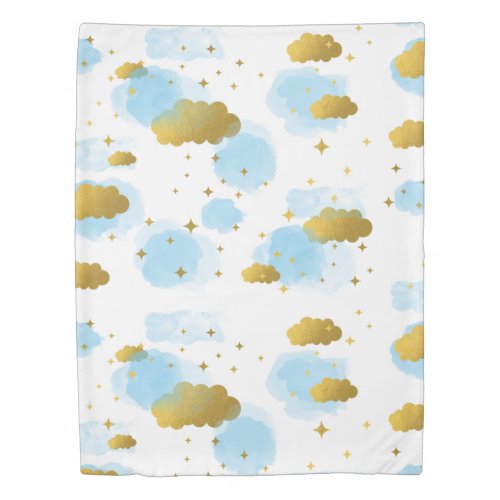 Blue Watercolor Clouds Gold Stars Sky  Duvet Cover