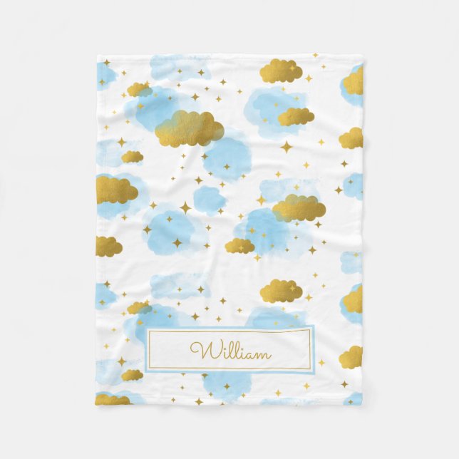 Blue Watercolor Clouds Gold Stars Sky  Fleece Blanket (Front)