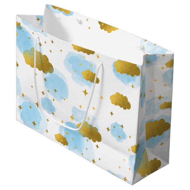 Blue Watercolor Clouds Gold Stars Sky  Large Gift Bag (Front Angled)